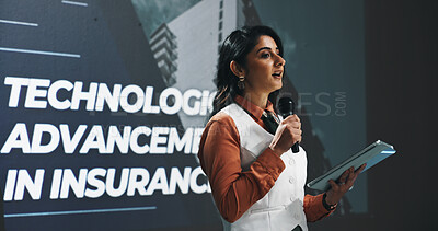 Buy stock photo Business woman, presentation or seminar with mic or tablet for speech or convention at workplace. Female person, presenter or speaker with technology for online service or insurance at tech summit
