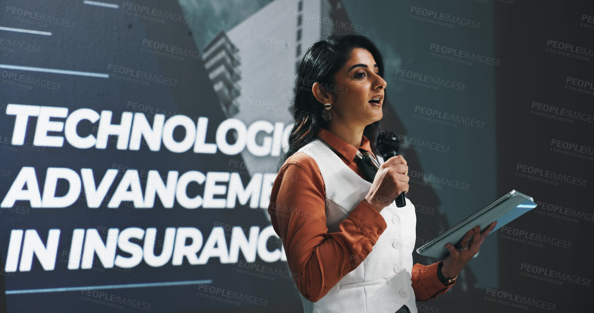 Buy stock photo Business woman, presentation or seminar with mic or tablet for speech or convention at workplace. Female person, presenter or speaker with technology for online service or insurance at tech summit