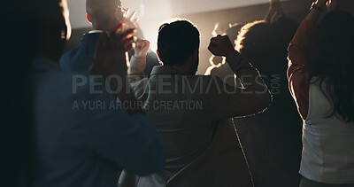 Buy stock photo Business, people and applause at conference event for success, celebration and seminar victory. Back, audience and clapping for well done on presentation, good news and achievement for award ceremony