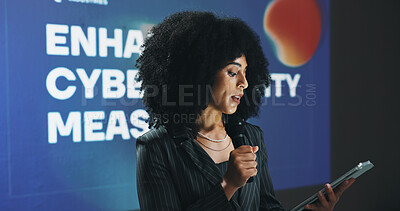 Buy stock photo Business woman, presentation or seminar with tablet or mic for speech or cybersecurity convention. Female person, employee or speaker with technology for online safety measures or tradeshow at summit