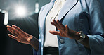 Woman, hands and presentation with speech for meeting, discussion or talk at work seminar. Female person, employee or business speaker with explanation for corporate mission at tradeshow or summit