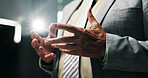 Businessman, hands or presentation with speech for meeting, discussion or talk at work seminar. Male person, employee or business speaker with explanation for corporate mission at tradeshow or summit