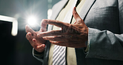 Buy stock photo Businessman, hands or presentation with speech for meeting, discussion or talk at work seminar. Male person, employee or business speaker with explanation for corporate mission at tradeshow or summit