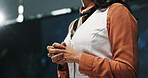 Business woman, hands and meeting with presentation for corporate discussion or speech at seminar. Female person, employee or nervous speaker in tradeshow for company announcement, talk or convention