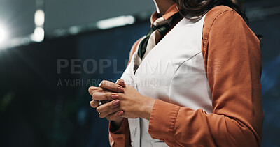 Buy stock photo Business woman, hands and meeting with presentation for corporate discussion or speech at seminar. Female person, employee or nervous speaker in tradeshow for company announcement, talk or convention