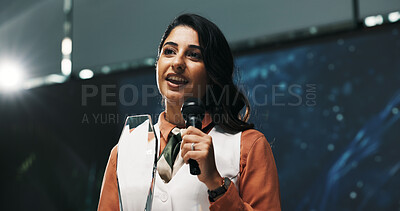 Buy stock photo Happy woman, speech and award with mic for thank you, announcement or congratulations at seminar. Female person, employee or business speaker with smile or trophy for winning at reward ceremony
