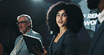 Business people, meeting and discussion with tablet at summit for corporate presentation or talk. Group, employees or team with technology for company tradeshow, convention or pitch at workshop
