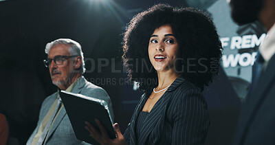 Buy stock photo Business people, meeting and discussion with tablet at summit for corporate presentation or talk. Group, employees or team with technology for company tradeshow, convention or pitch at workshop