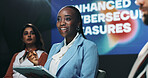 Tablet, speech and business woman at conference panel for enhanced cybersecurity measures. Tech, happy speaker and talk at seminar for data protection, encryption or presentation for gdpr at summit