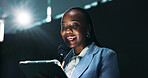 Happy, black woman and speaking with tablet or mic at seminar for presentation or tech summit. Female person, business speaker or presenter with technology for speech or company campaign at tradeshow