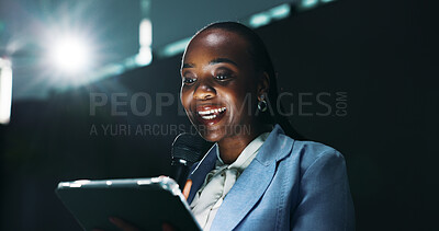 Buy stock photo Happy, black woman or speaking with tablet or mic for presentation or seminar at summit. Female person, business speaker or presenter with technology for false speech or company campaign at trade show