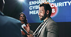 Businessman, team and discussion with tablet at summit for cybersecurity presentation or talk. Man, group or employees with technology for online safety, convention or pitching ideas at workshop