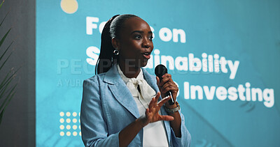 Buy stock photo Black woman, presentation or seminar with mic for speech or environmental change at summit. Female person, employee or speaker with technology display for eco friendly investing or sustainability
