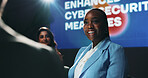Woman, speaker or presentation for press conference, development seminar or business event. Cybersecurity, speech and workshop for technology talk in auditorium with presenter, keynote and summit