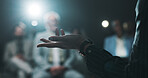 Hands, speaker and conference with business person at summit for presentation, panel and expo. Public speaking, audience and convention with closeup of employee on stage for seminar and event