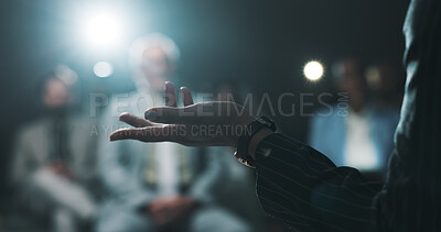 Buy stock photo Hands, speaker and conference with business person at summit for presentation, panel and expo. Public speaking, audience and convention with closeup of employee on stage for seminar and event