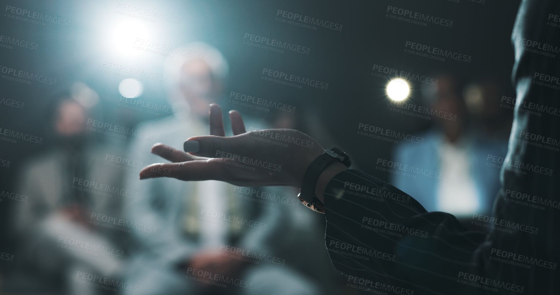 Buy stock photo Hands, speaker and conference with business person at summit for presentation, panel and expo. Public speaking, audience and convention with closeup of employee on stage for seminar and event