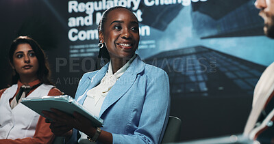 Buy stock photo Business woman, team and seminar with tablet at summit for market research or competitive analysis. Female person, group or employees with technology for convention or pitching ideas at workshop