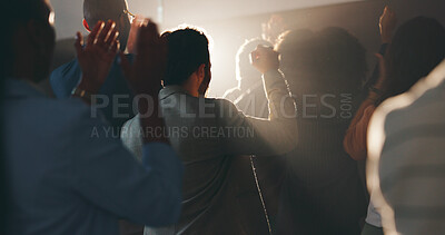Buy stock photo Audience, cheering and applause for presentation, celebration and back of group in event or success. Crowd, clapping and achievement for people in seminar, win and support for workshop and conference