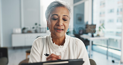 Buy stock photo Video call, writing and psychologist with woman in office for virtual counseling, help and appointment. Mental health session, telehealth and online guidance with mature person in clinic for advice