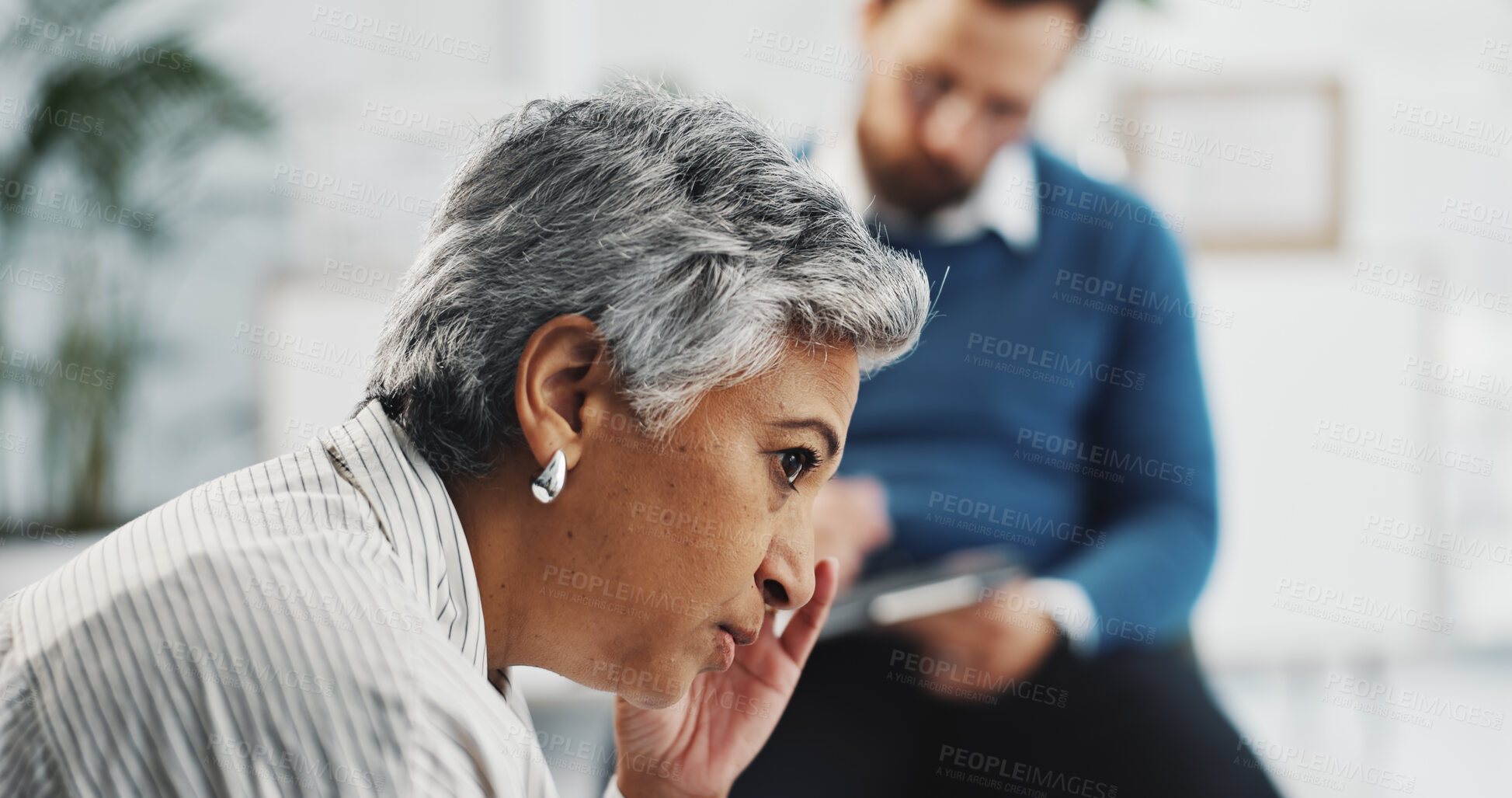 Buy stock photo Anxiety, therapy and psychologist with old woman in office for counseling, stress and appointment. Mental health session, support and trauma guidance with people in clinic for recovery and advice