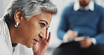 Stress, therapy and psychologist with old woman in office for counseling, anxiety and appointment. Mental health session, support and trauma guidance with people in clinic for recovery and advice