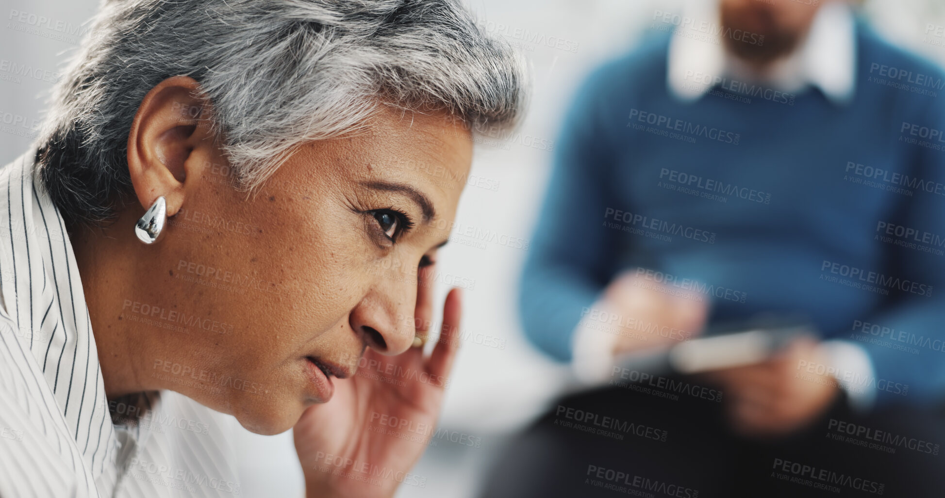 Buy stock photo Stress, therapy and psychologist with old woman in office for counseling, anxiety and appointment. Mental health session, support and trauma guidance with people in clinic for recovery and advice