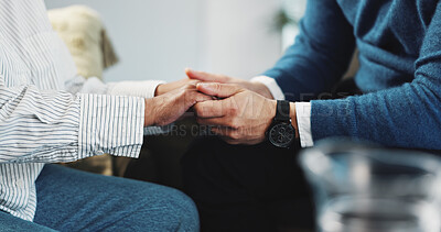 Buy stock photo Psychology, support or patient holding hands with therapist for client empathy or sympathy. Therapy, trust or person with depression or mental health expert in counselling session for advice or help