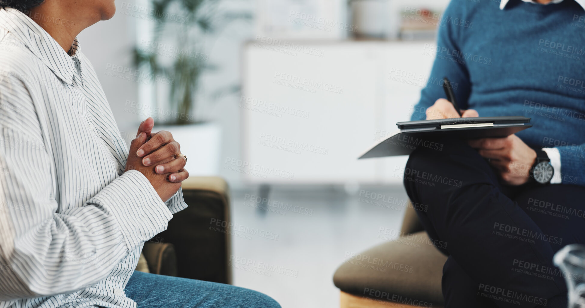 Buy stock photo Anxiety, therapy and psychologist with hands of people for counseling, stress and appointment. Mental health session, support and trauma guidance with patient in clinic for recovery and advice
