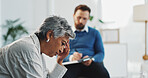 Clipboard, counseling and stress of patient with therapist in office for diagnosis or healing. Mental health, notes or therapy with counselor man and woman in session for consulting or support