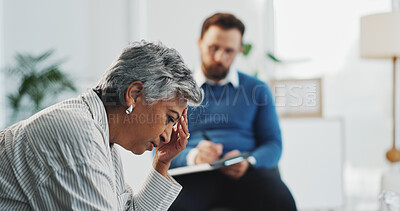 Buy stock photo Clipboard, counseling and stress of patient with therapist in office for diagnosis or healing. Mental health, notes or therapy with counselor man and woman in session for consulting or support