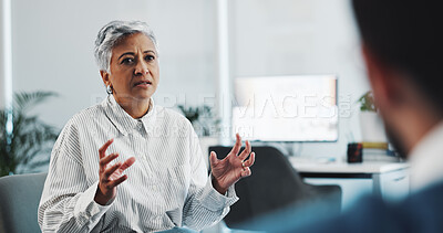 Buy stock photo Counseling, conversation and stress of therapist with patient in office for diagnosis or healing. Anxiety, mental health or therapy with counselor man and woman in session for consulting or support