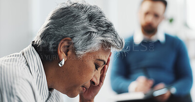 Buy stock photo Counseling, conversation and headache of therapist with patient in office for diagnosis or healing. Mental health, stress or therapy with counselor man and woman in session for consulting or support