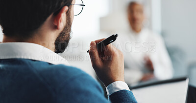 Buy stock photo Hands, therapist and clipboard for discussion, consulting and notes for mental health at clinic. Person, psychologist and patient with documents, checklist and listen with assessment at hospital