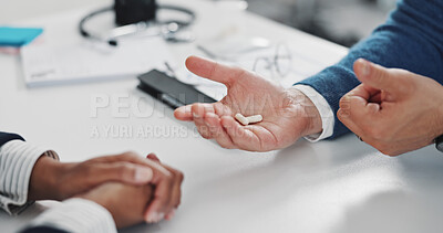 Buy stock photo Hands, doctor and patient with pills for consultation, explain or guide for medicine prescription. Person, pharma product and drugs for healing, recovery and info with treatment for health at clinic