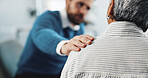 Hand, doctor and comfort of senior woman for bad news, diagnosis results and treatment advice. Medical worker, support and consoling patient for terminal illness, recovery fail and healthcare service