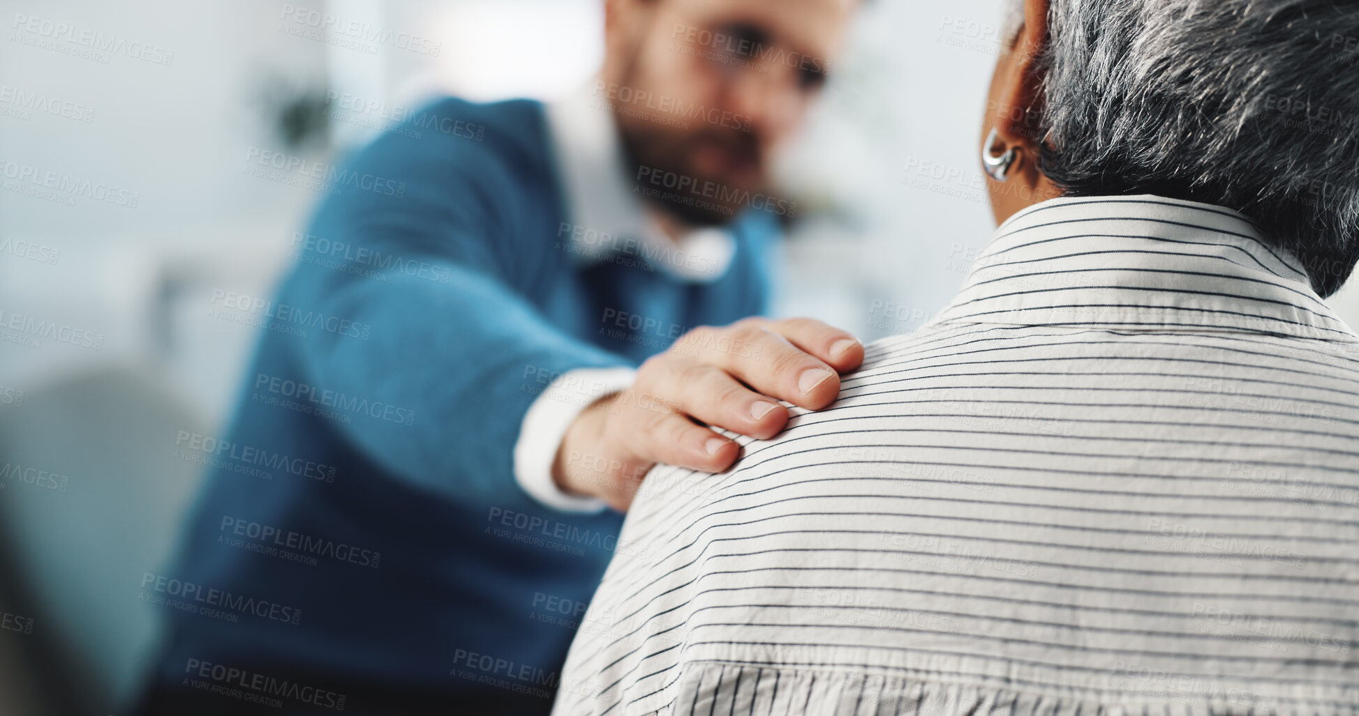 Buy stock photo Hand, doctor and comfort of senior woman for bad news, diagnosis results and treatment advice. Medical worker, support and consoling patient for terminal illness, recovery fail and healthcare service