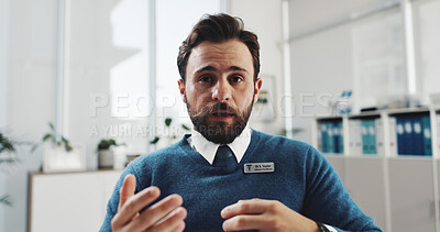 Buy stock photo Video call, man and portrait of doctor in hospital with telehealth service for consultation. Medical support, advice and general practitioner with virtual contact for healthcare checkup in clinic POV