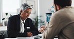 Doctor, writing and consulting with woman in office for patient history, treatment and healthcare. Planning, advice and medical with people in clinic for discussion, diagnosis and prescription