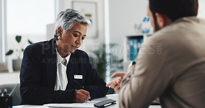 Buy stock photo Doctor, writing and consulting with woman in office for patient history, treatment and healthcare. Planning, advice and medical with people in clinic for discussion, diagnosis and prescription