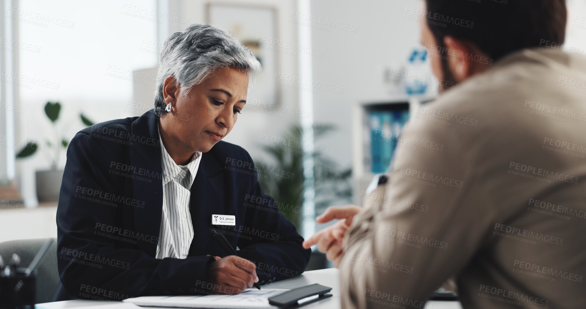 Buy stock photo Doctor, writing and consulting with woman in office for patient history, treatment and healthcare. Planning, advice and medical with people in clinic for discussion, diagnosis and prescription