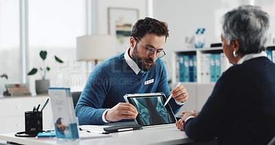 Buy stock photo Doctor, patient and tablet screen for knee x ray with injury, osteoporosis or tendon issue at hospital. People, mature woman and talk in medical consultation for arthritis, feedback or clinic report