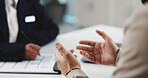 Hands, doctor and patient with prescription at clinic, writing or discussion for healthcare service. People, medical consultation and assessment with notes, admin or document for wellness at hospital