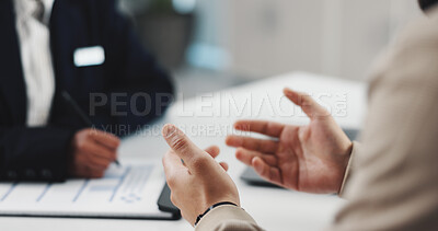 Buy stock photo Hands, doctor and patient with prescription at clinic, writing or discussion for healthcare service. People, medical consultation and assessment with notes, admin or document for wellness at hospital