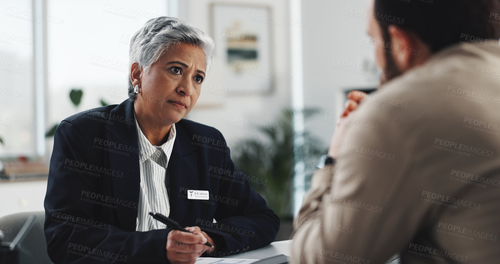 Buy stock photo Woman, doctor or consulting with patient for prescription or diagnosis at clinic office. Female person, medical worker or healthcare consultant listening to man or client for health advice or checkup