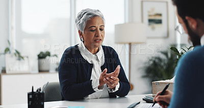 Buy stock photo Old woman, consultation and doctor for pain of hand, joint problem and inflammation of arthritis. Senior patient, explain and medical worker with clipboard, symptoms checklist and help with treatment