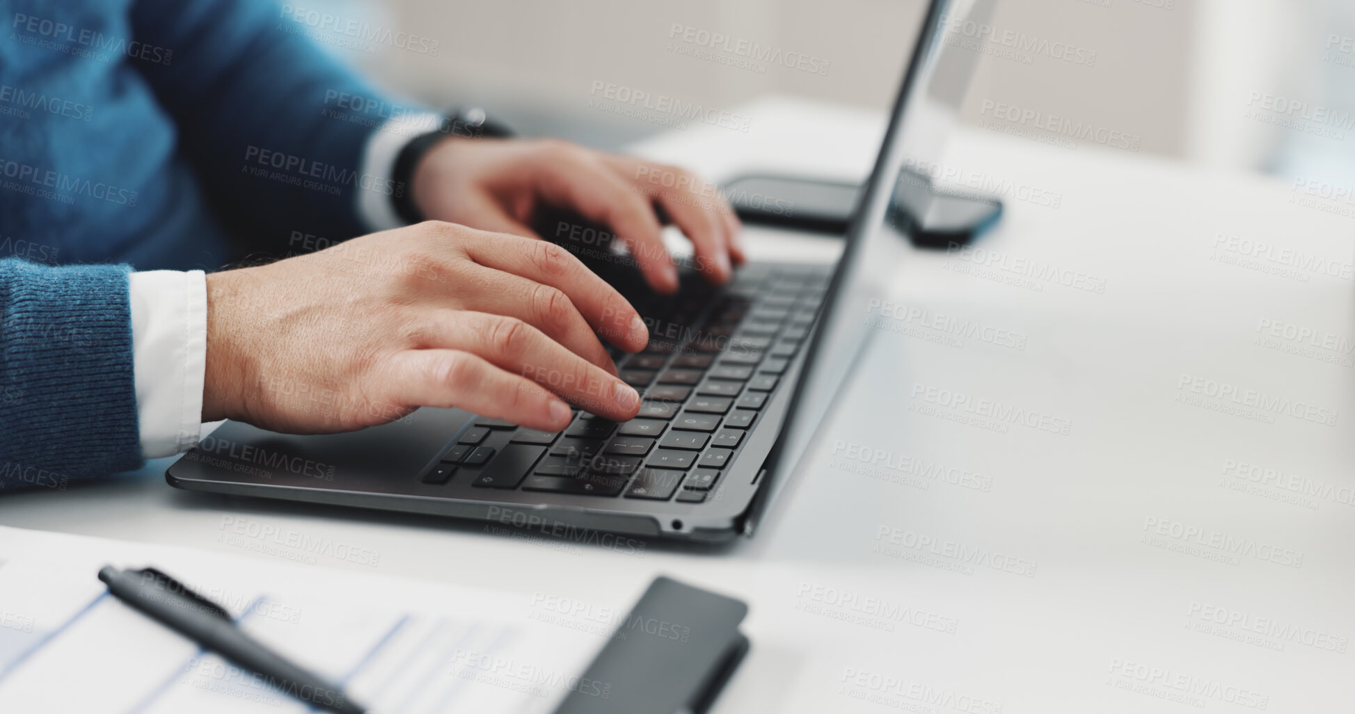 Buy stock photo Business, man or hands typing on laptop in office for finance report, performance review or auditing. Financial analyst, employee or tech for investment portfolio, email networking or budget proposal