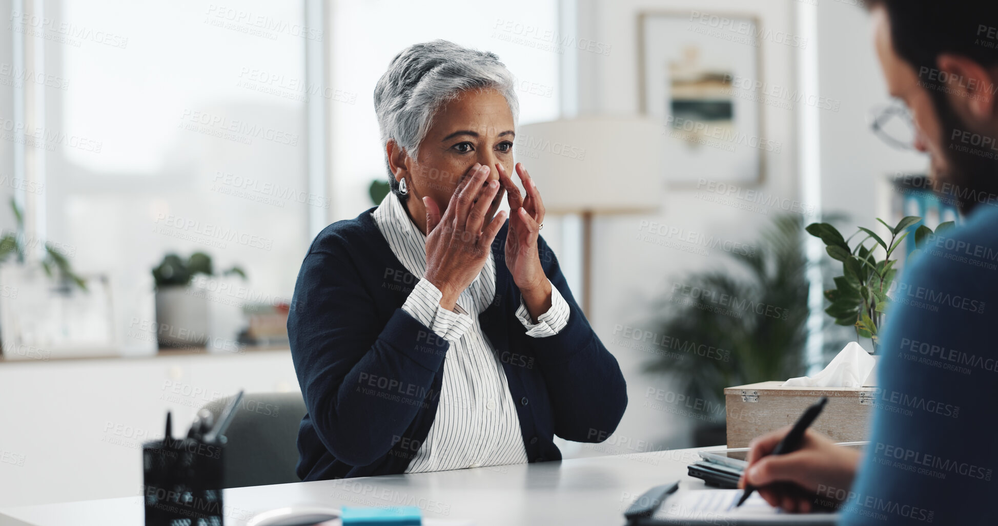 Buy stock photo Woman, doctor and writing prescription for allergies, paperwork or assessment for symptoms at clinic. People, mature patient, consultation or medical notes with report, nose or sinusitis at hospital