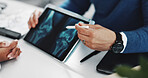 Doctor, consulting or hands on tablet screen for x ray with knee injury, osteoporosis or tendon issue. People, patient and pointing to medical diagnosis for arthritis, feedback and healthcare report