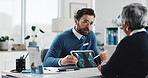 Xray, tablet and doctor with old woman in office for consulting, osteoporosis or healthcare advice. Bone cancer treatment, medical and mri with senior patient in clinic for radiology and digital scan